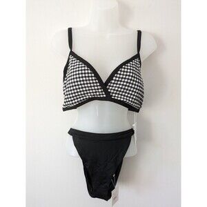Andie Swim Cove V-Neck Black Gingham Bikini Top & Caicos BLK Bikini Bottom SZ L